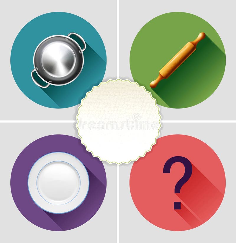 Vector set with kitchen tools. Wooden rolling-pin, plate, saucepan in the style of realism stock illustration