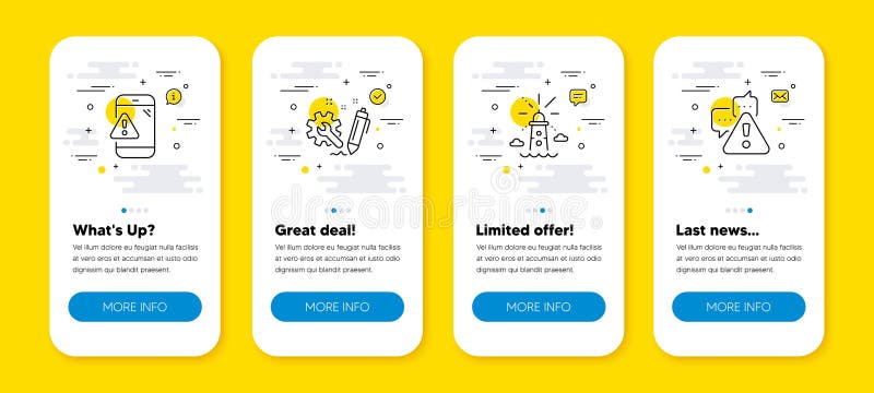 Vector set of Lighthouse, Engineering and Warning message line icons set. Vector stock illustration