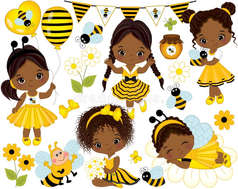 Vector set with cute little African American girls dressed in bee style, cartoon bees, flowers, balloons, jars of honey, butterflies and bunting. Little African American girls vector illustration. Vector set with cute little African American girls dressed in bee style, cartoon bees, flowers, balloons, jars of honey, butterflies and bunting. Little African American girls vector illustration