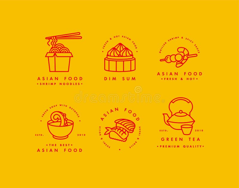 Vector set of logo design templates and emblems or badges. Asian food - noodles, dim sum, soup, sushi. Linear logos