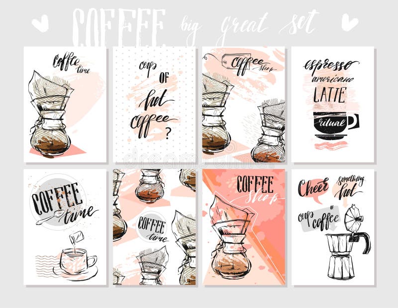 Vector set of modern posters with coffee backgrounds. Trendy hipster templates for flyers, banners, invitations stock illustration Vector set of modern posters with coffee backgrounds. Trendy hipster templates for flyers, banners, invitations stock illustration