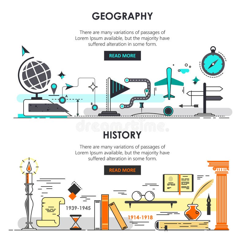 Vector Set of Modern Thin Line History and Geography Banners Stock Vector Illustration of