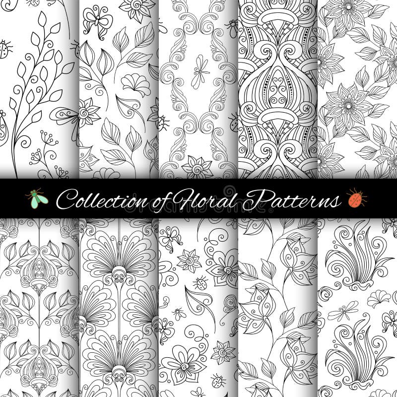 Vector Set of Monochrome Seamless Floral Patterns vector illustration