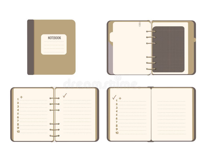 Vector Set Notepad on the rings with a numbered list. Copybook Flat illustration isolated on white.