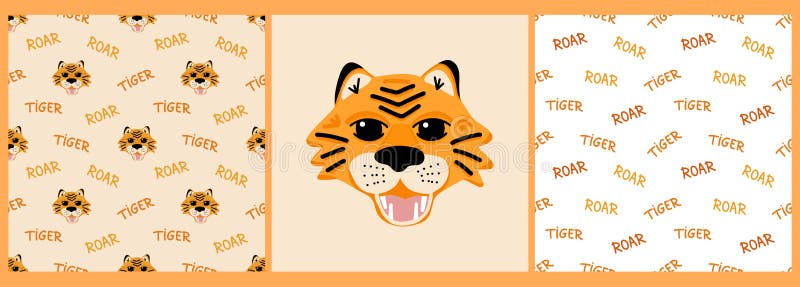 Vector set of patterns and poster with a tiger and the inscription tiger and roar in cartoon style stock illustration
