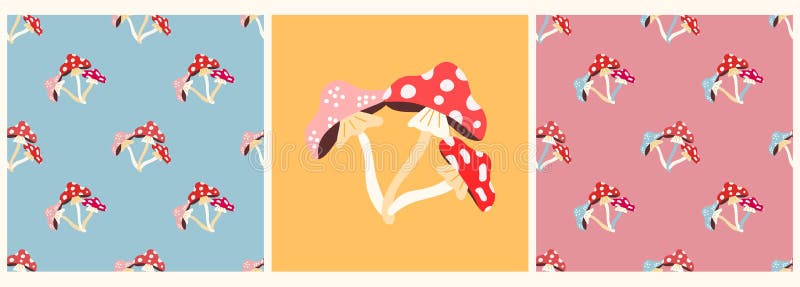 Vector set of patterns and posters with mushrooms-fly agaric, in a flat modern style stock illustration