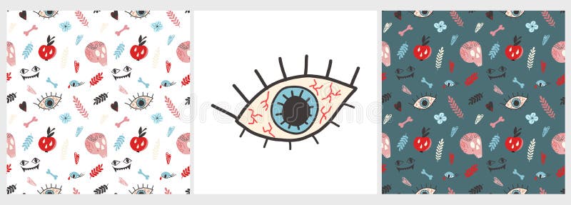 Vector set of patterns and posters with a skull, tattoos, bones, apple, eye, in a flat style vector illustration