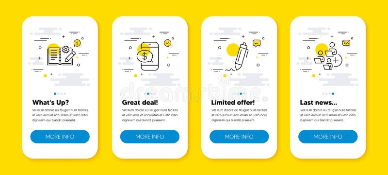 Vector set of Phone payment, Engineering documentation and Signature line icons set. Vector royalty free illustration