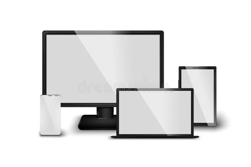 Vector set of realistic 3d computer device screens, tablet, mobile phone, laptop. Isolated gadgets on white background royalty free illustration Vector set of realistic 3d computer device screens, tablet, mobile phone, laptop. Isolated gadgets on white background royalty free illustration
