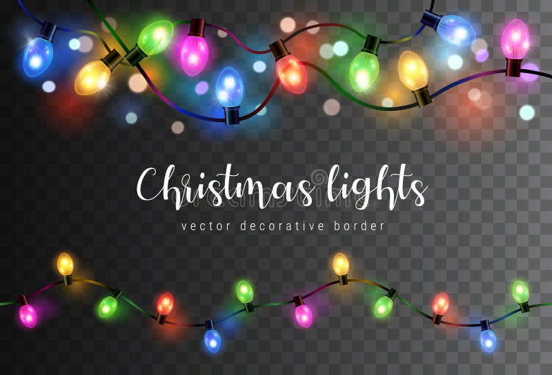 Vector set of realistic glowing colorful christmas lights in seamless pattern isolated on dark background