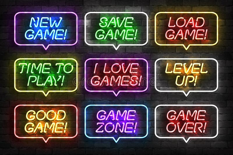 Vector set of realistic isolated neon sign of Game logo for template decoration and mockup covering on the wall background. Concep vector illustration