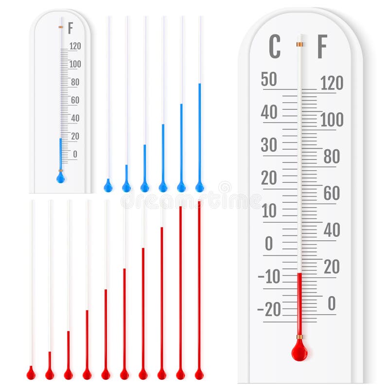 Vector Set Of Realistic Liquid Thermometers With Celsius And Fahrenheit Scales Red And Blue