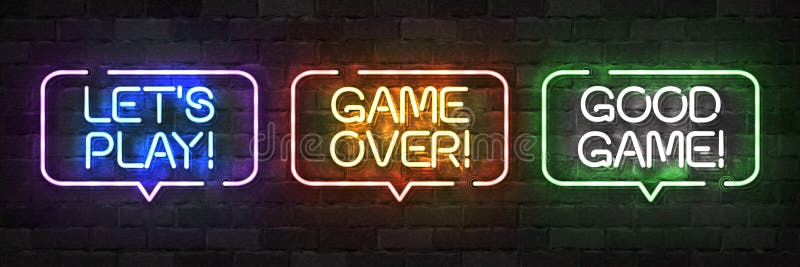Vector set of realistic neon sign of Game logo for template decoration and covering on the wall background. stock illustration.