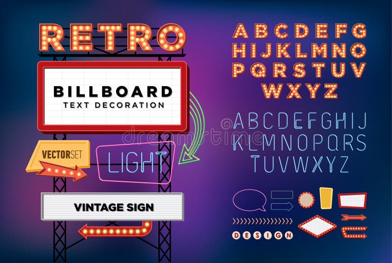 Vector set Retro neon sign, vintage billboard, bright signboard
