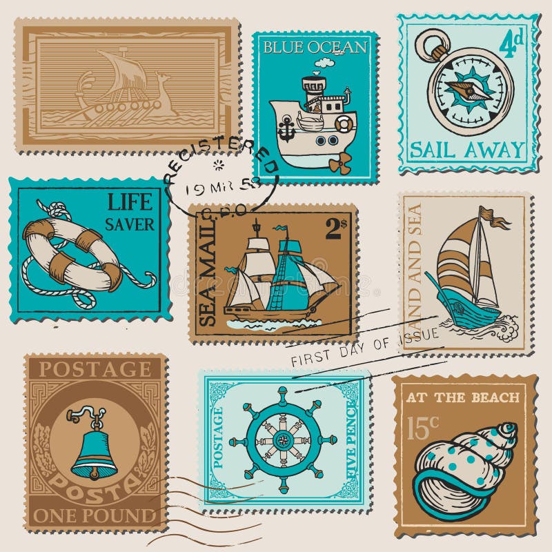 Vector Set of Retro SEA POST Stamps vector illustration
