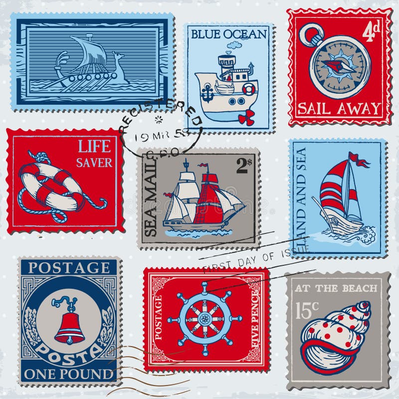 Vector Set of Retro SEA POST Stamps stock illustration