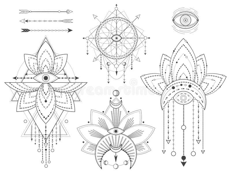 Vector set of Sacred geometric and natural symbols on white background. Abstract mystic signs collection. Black linear shapes. stock illustration Vector set of Sacred geometric and natural symbols on white background. Abstract mystic signs collection. Black linear shapes. stock illustration