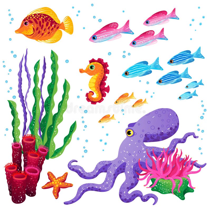 Vector set of sea animals and seaweeds. Marine life. It can be used for scrapbooking, decorating of invitations, cards and decoration for bags and clothes, web pages design.