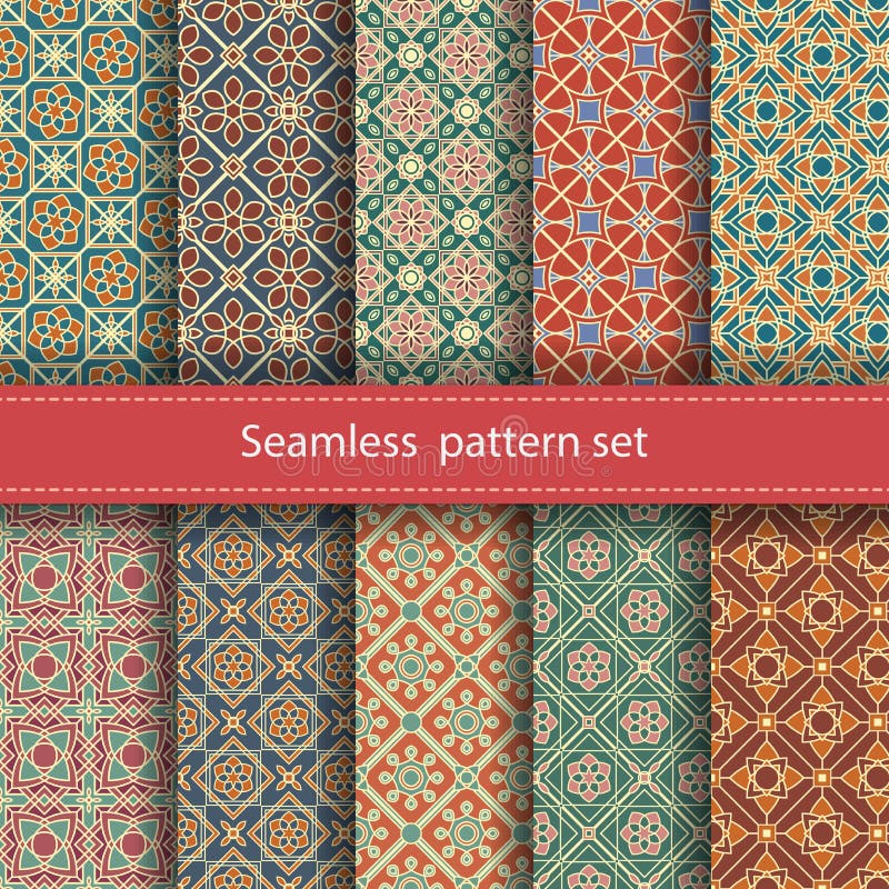 Vector set of 10 seamless mosaic patterns. Arabic vector illustration