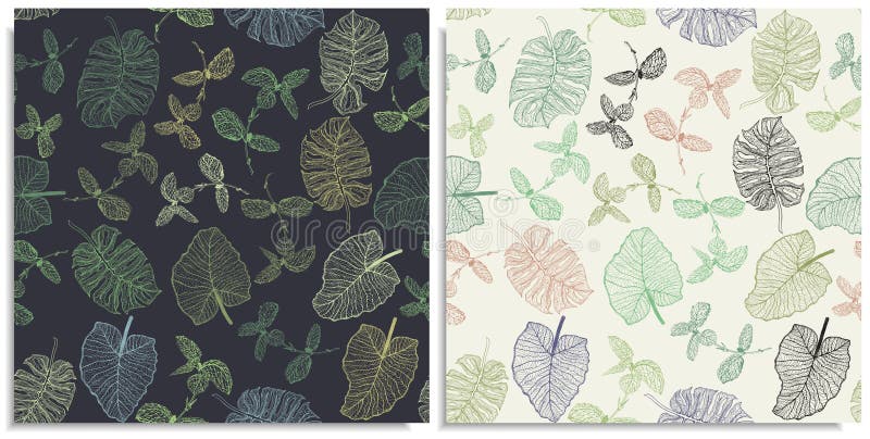 A vector set of a seamless pattern with sprigs of jungles, summer leaves. Hand-drawn on sheet at the graphic style. Lines, compound path. Colorful, lot green, monstera, alocasia, colocasia, peppermint