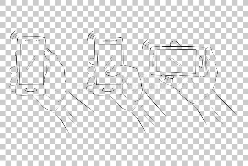 Set Simple Sketch Of Hand Holding Smartphone At Transparent Effect Background Stock Vector Illustration Of Device Hold Set Simple Sketch Of Hand Holding Smartphone At Transparent Effect Background Stock Vector Illustration Of Device Hold
