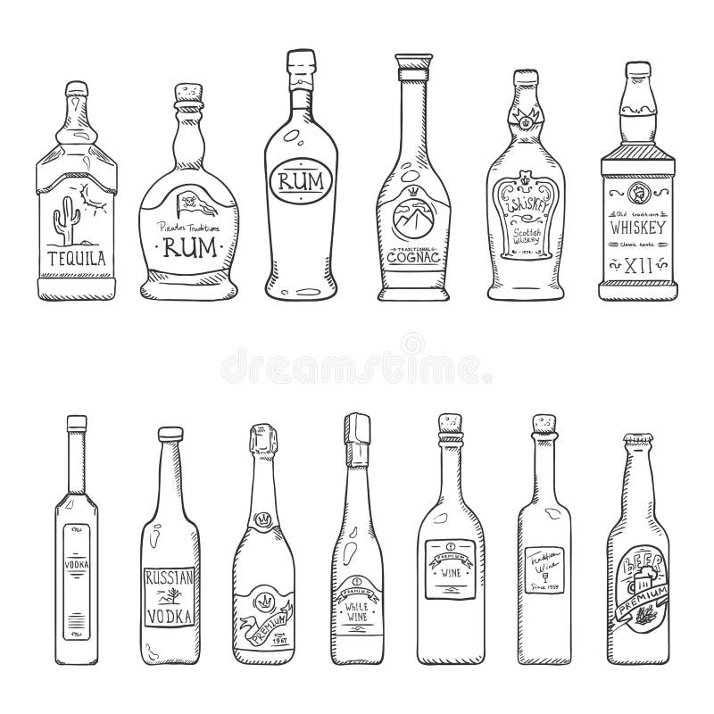 Vector Set of Sketch Alcohol Drinks Bottles Stock Vector Illustration