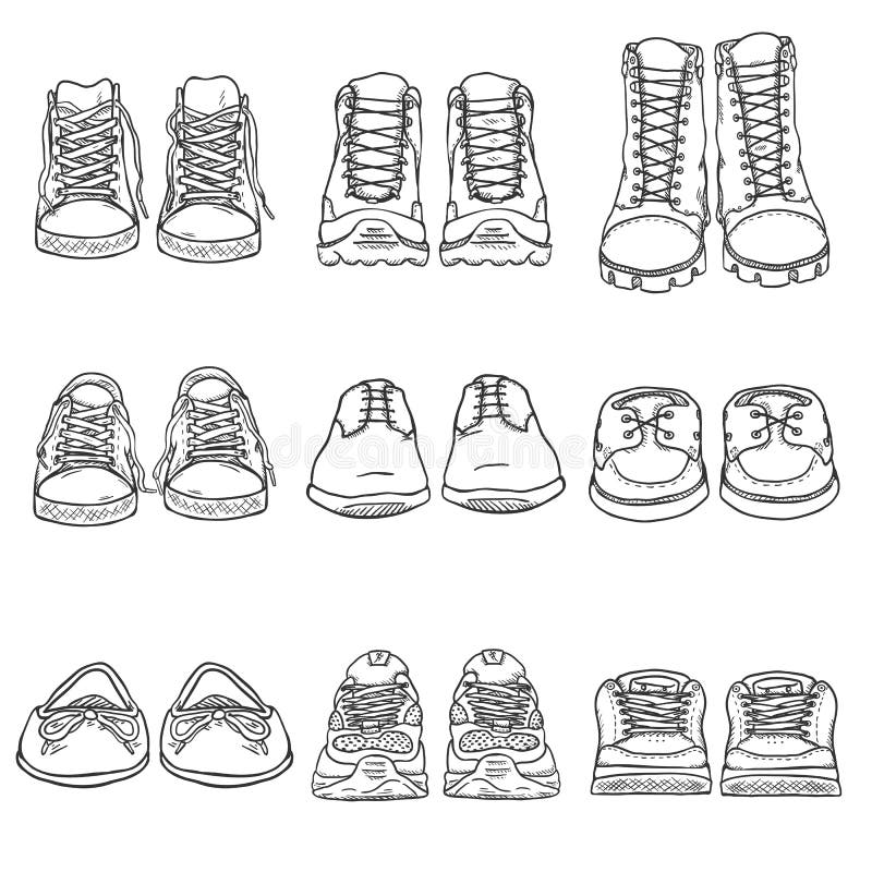 Vector Set of Sketch Shoes Items. Front View Collection Stock Vector