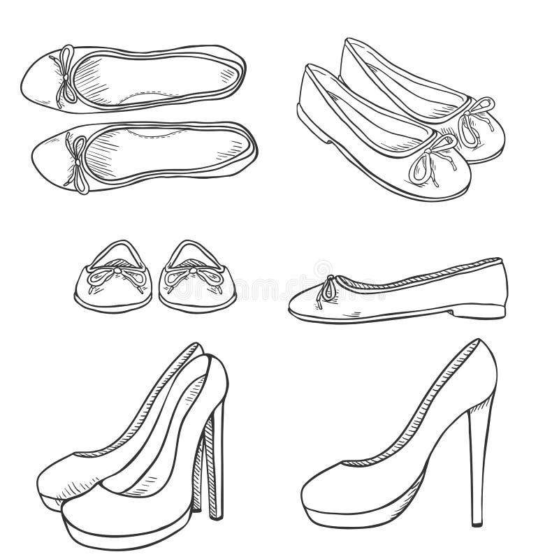 Vector Set of Sketch Women Shoes. Side, Front and Top View Stock Vector -  Illustration of fashion, collection: 78931394