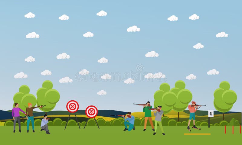 Vector set of sport shooting banner. Competition games. People in shoot positions