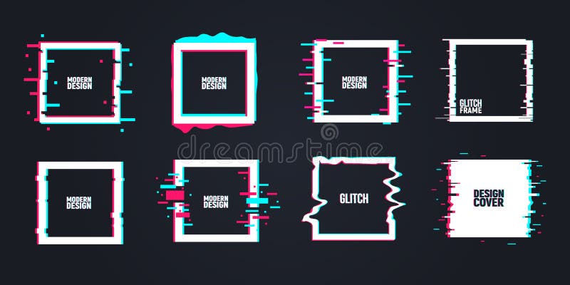 Vector set of square frames in distorted glitch style. Template of square frame with glitch effect. TV no signal noise effect. Mod stock illustration