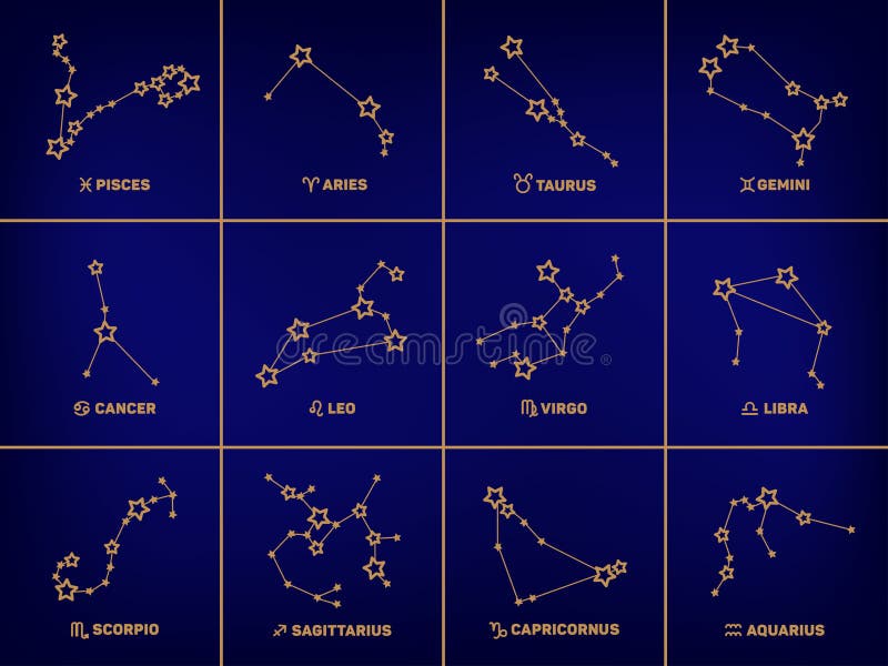 Vector Set Of Square Zodiac Signs, Stars, Constellations Golden Color In A  Dark Blue Background. Logo, Tattoo Or Illustration Stock Vector -  Illustration Of Pisces, Line: 147495203