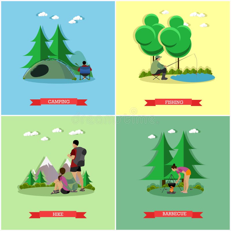 Vector set of summer recreation concept banners in flat style. People camping in park, fishing, hiking stock illustration Vector set of summer recreation concept banners in flat style. People camping in park, fishing, hiking stock illustration