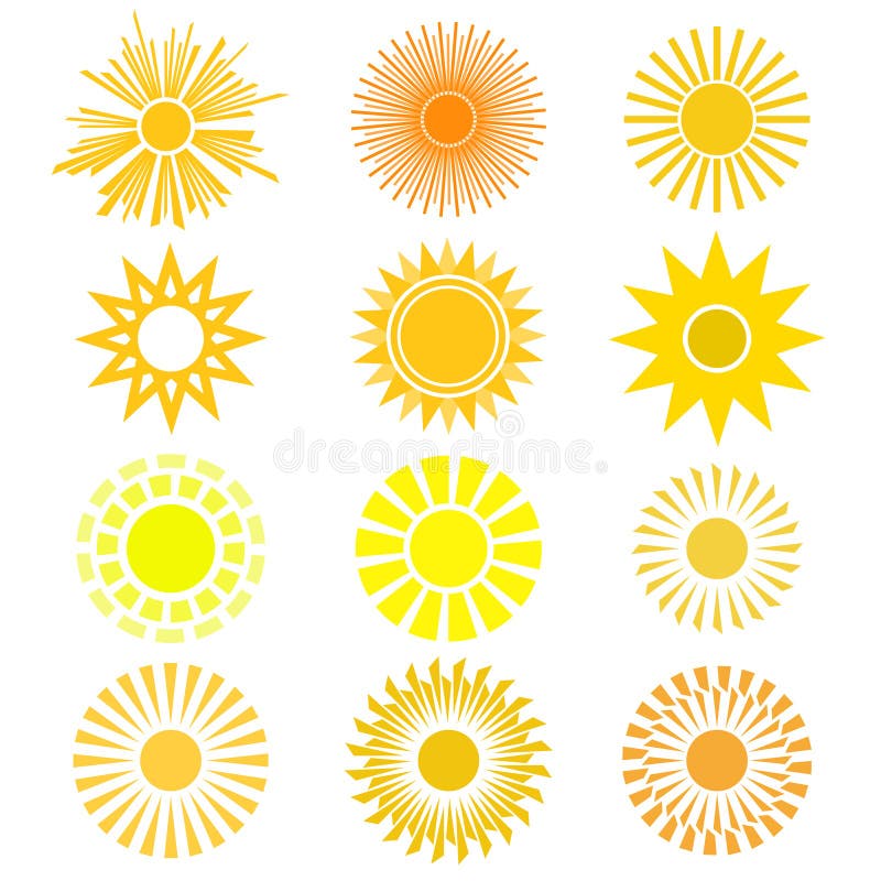 Vector Set of Sun Symbol. Different Views of Sun in Yellow and O Stock ...