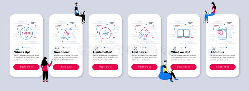 Vector Set of Technology icons related to Electricity bulb, Book and Wind energy. Vector royalty free illustration
