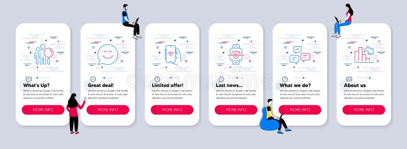 Vector Set of Technology icons related to Internet app, Smile chat and Search people. Vector stock illustration