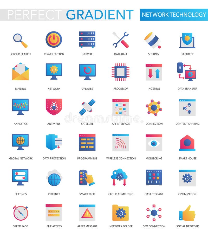 Vector set of trendy flat gradient modern network technology icons. royalty free illustration