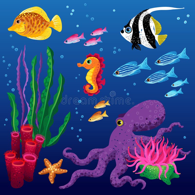 Vector set of sea animals and seaweeds. Marine life. It can be used for scrapbooking, decorating of invitations, cards and decoration for bags and clothes, web pages design. Vector set of sea animals and seaweeds. Marine life. It can be used for scrapbooking, decorating of invitations, cards and decoration for bags and clothes, web pages design.