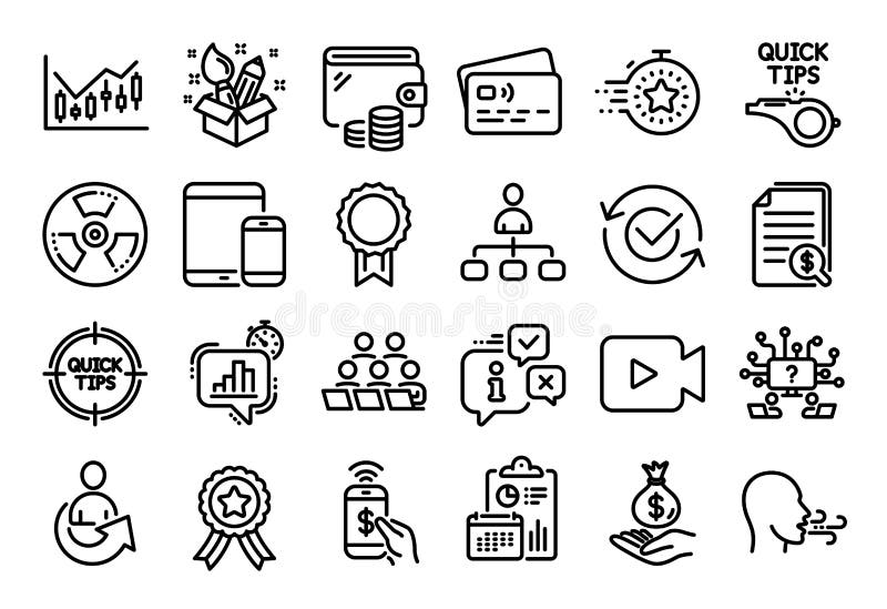 Vector set of Tutorials, Video camera and Winner ribbon line icons set. Vector stock illustration