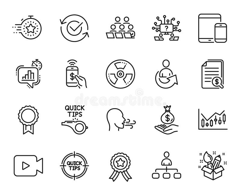 Vector set of Tutorials, Video camera and Winner ribbon line icons set. Vector stock illustration