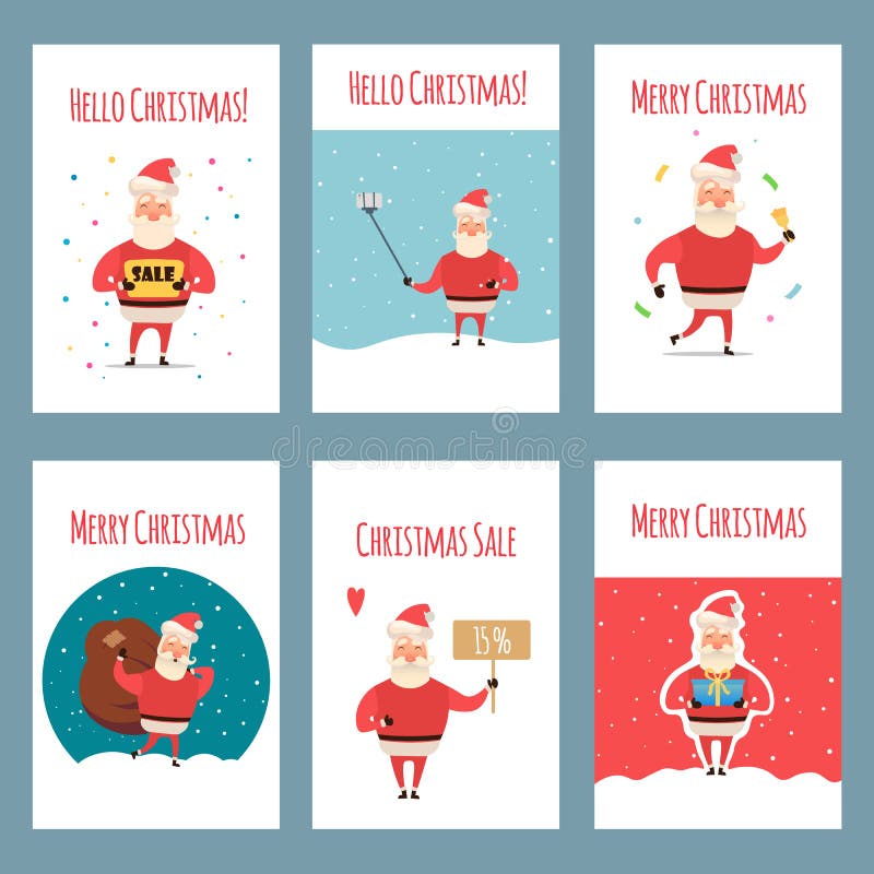 Vector set of vintage Christmas labels, banners with cartoon Santa Claus character, present, tree, hat, sleigh, snowman stock illustration Vector set of vintage Christmas labels, banners with cartoon Santa Claus character, present, tree, hat, sleigh, snowman stock illustration