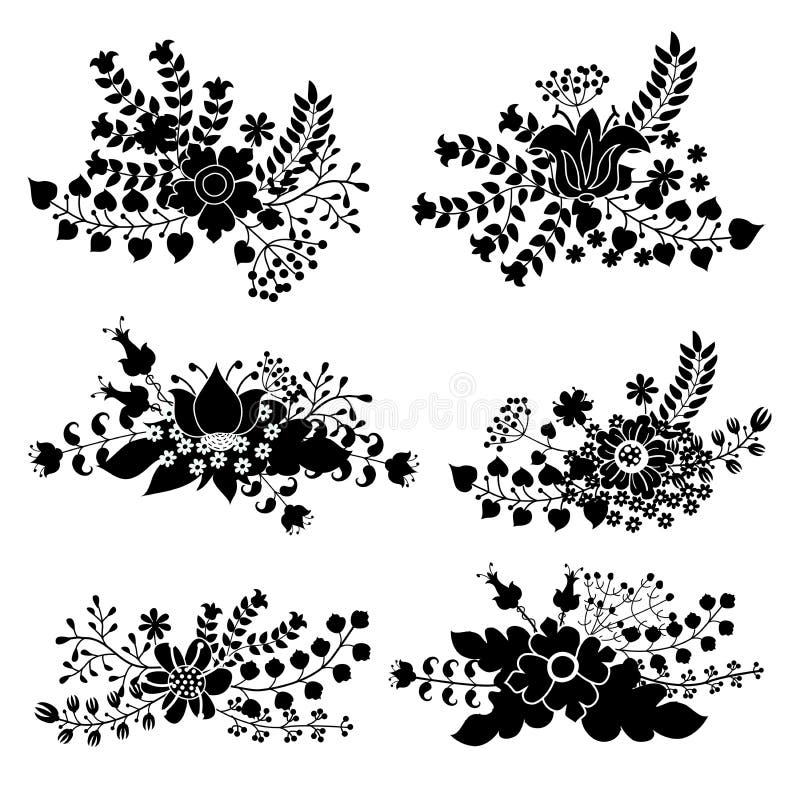 Vector set with vintage flowers composition.Silhouettes