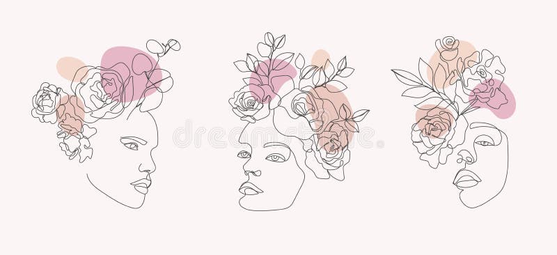 Vector set of women faces, bodies line art illustrations, logos with flowers and leaves, feminine nature concept. Use