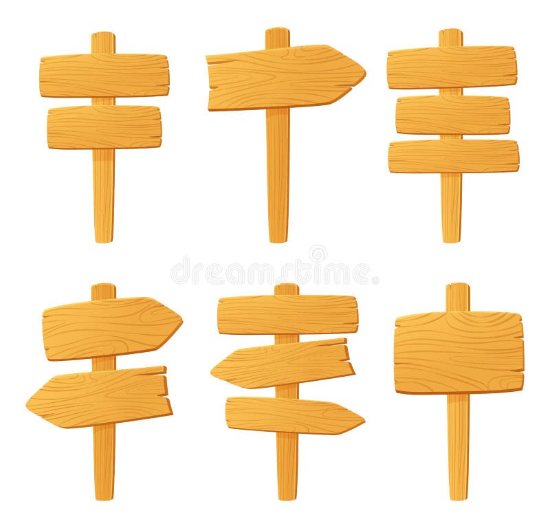 Set Of Wooden Plaques In Cartoon Style. Wooden Plaque Collections. Wood Sign Old Road Planks Set