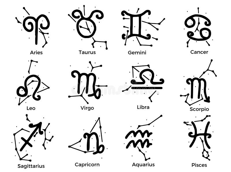 Vector Set of Zodiac Signs with Constellations in Doodle Style Stock ...