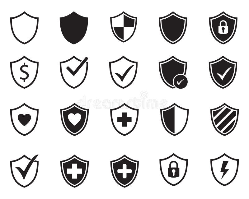 Vector shield protection icon set black on white