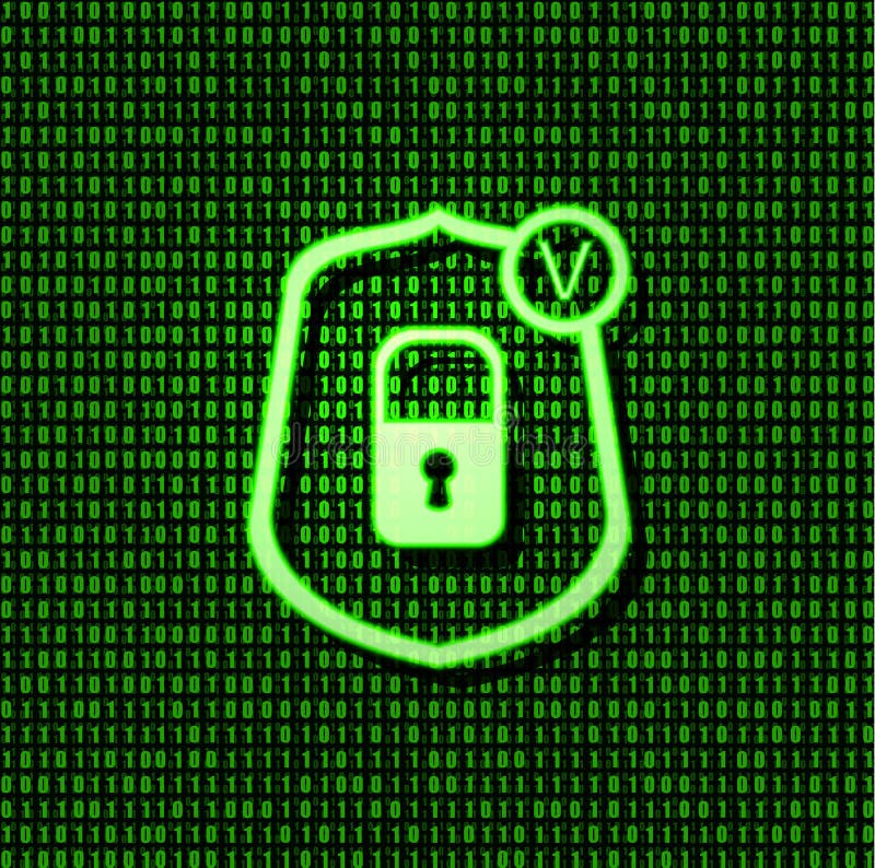 Vector Shield Security Lock Icon, Bright Green Glowing Sign on Binary Code Background. stock images Vector Shield Security Lock Icon, Bright Green Glowing Sign on Binary Code Background. stock images