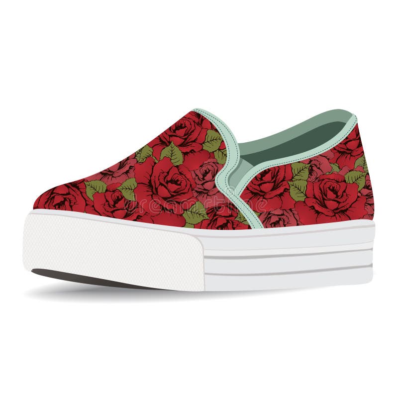 Vector shoes, slip-on with floral print, loafer on a high sole, isolated