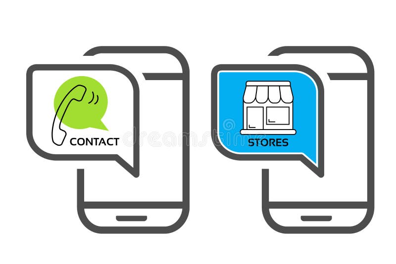 Vector shop symbols, app navigation - store, contact. Cell phone. Black line mobile phone elements for shopping. royalty free illustration