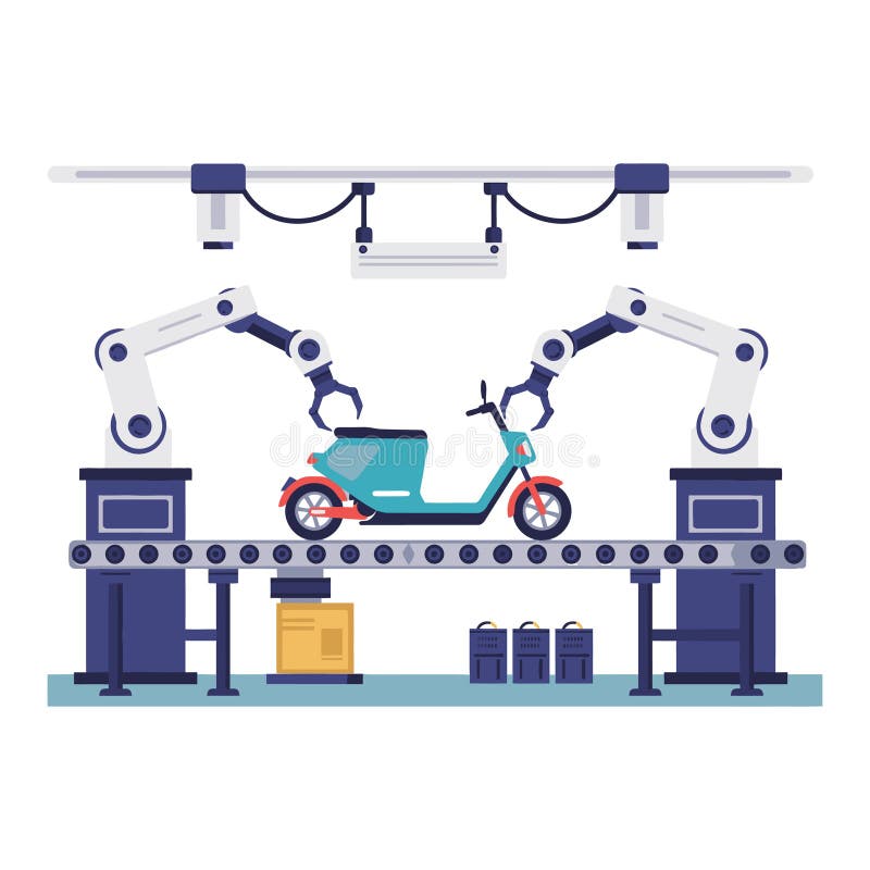 Robotic arms assembling scooter on factory conveyor belt in industrial production line vector royalty free illustration