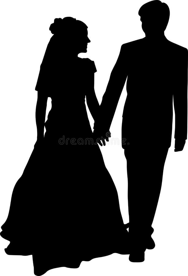 Vector silhouette of a bride and groom holding hands. The wedding couple